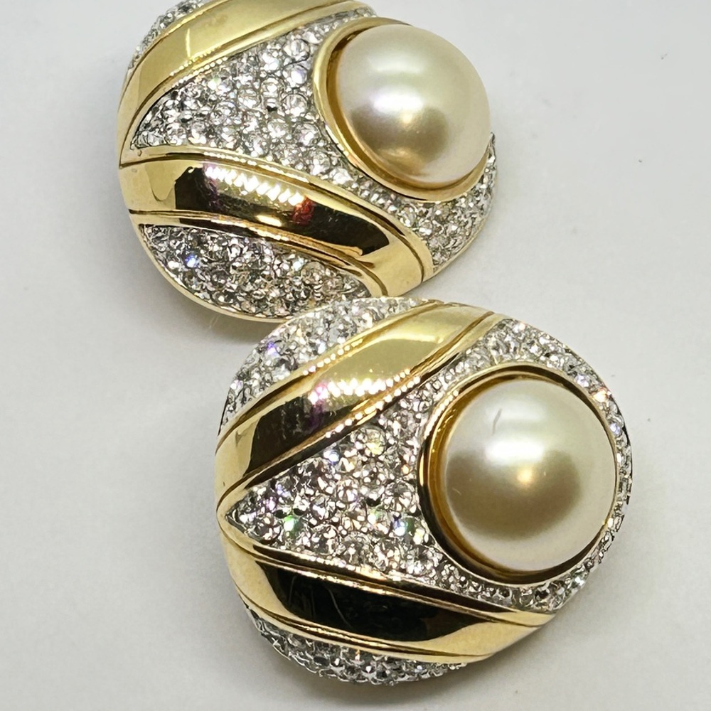 Rare Vintage Large S.A.L. Swarovski Crystal Gold Tone Faux Pearl Clip Earrings